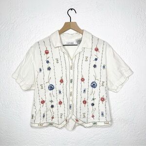 VINTAGE Casey&Max Button Front Collared Embroidered Tie Back Blouse Large